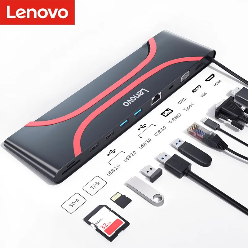 USB-концентратор Lenovo типа C 10-портовый разветвитель для HDMI VGA USB 3 0 RJ45 TF SD | Компьютеры
