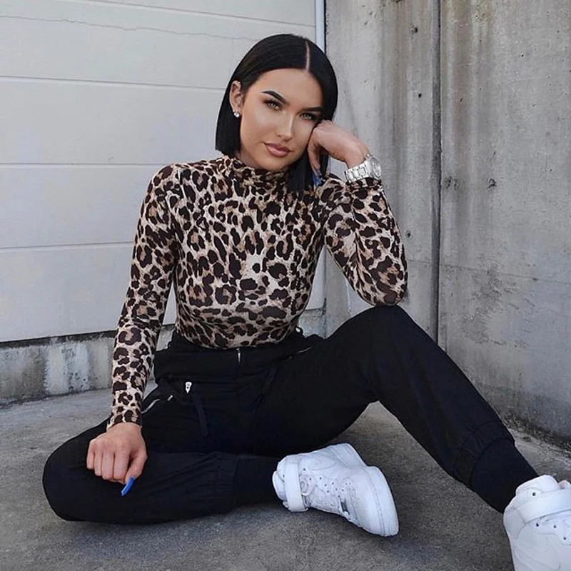 

2021 female leopard bodysuit tops autumn turtlenecks long sleeve bodycon bodysuits thin jumpsuits sexy club wear