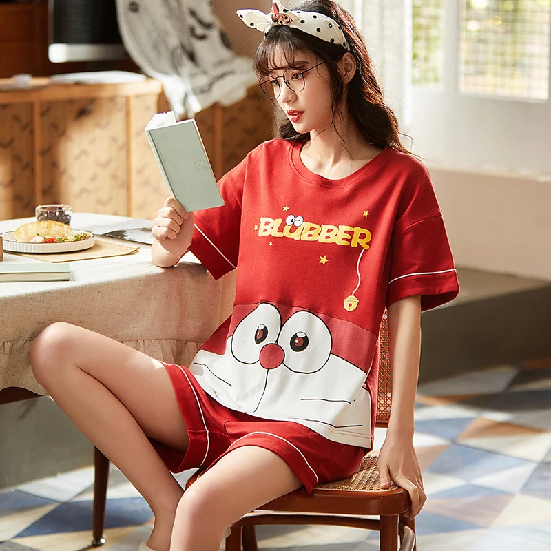 

Summer O-neck Cute Soft Women's Pajamas Set Cartoon Kawaii Doraemon Loose Women's Short-sleeved Sleepwear Pajamas Home Wear Suit
