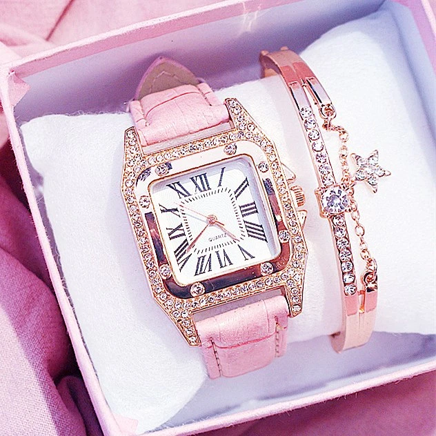 Women Square Diamond Bracelet Watches Set Ladies Leather Quartz Wristwatches Female Clock Zegarek Damski