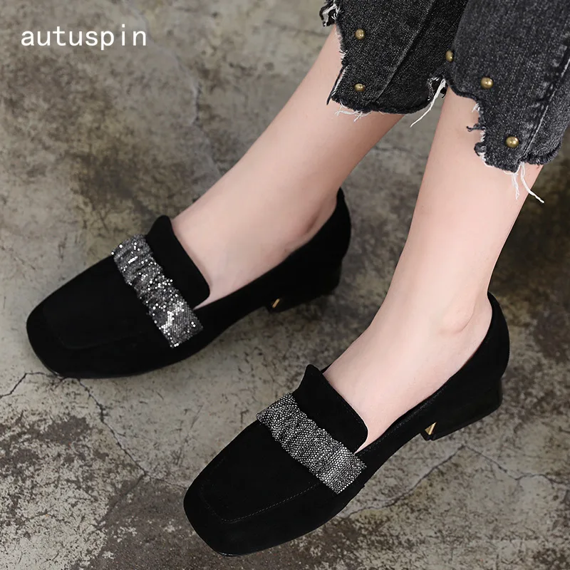 

Autuspin Ladies Suede Leather Pumps 2022 New Women Thick Med Heel Shoes Round Toe Loafers Crystal Decoration Footwear Spring