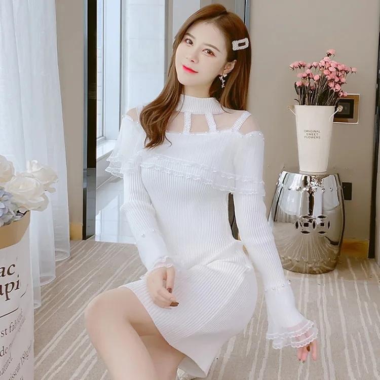 

Pin bead light luxury long sleeve knitted dress slim in autumn and winter dress dress for women eam dress