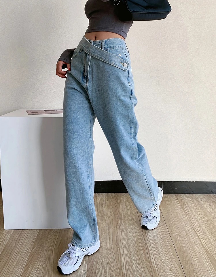

Stylish Chic Single Button Women Straight Jeans Trouser Casual High Waist Loose Female Wide Leg Denim Pants 2021 Autumn WJ302
