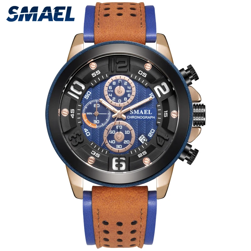 

SMAEL Top Brand Quartz Watches Men Fashion Man Modern Waterproof 30M Chronograph Wristwatches Leather Strap Men's Watch 9083