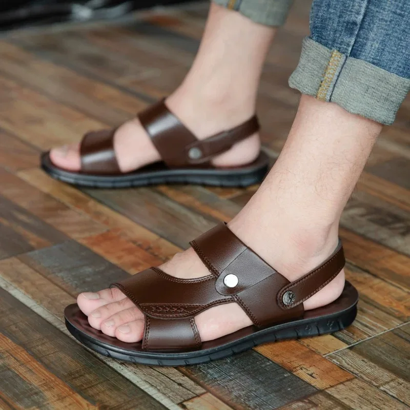Summer Men Sandals Genuine Leather Shoes Beach Flat Cow Male Black Sandal 567y | Обувь