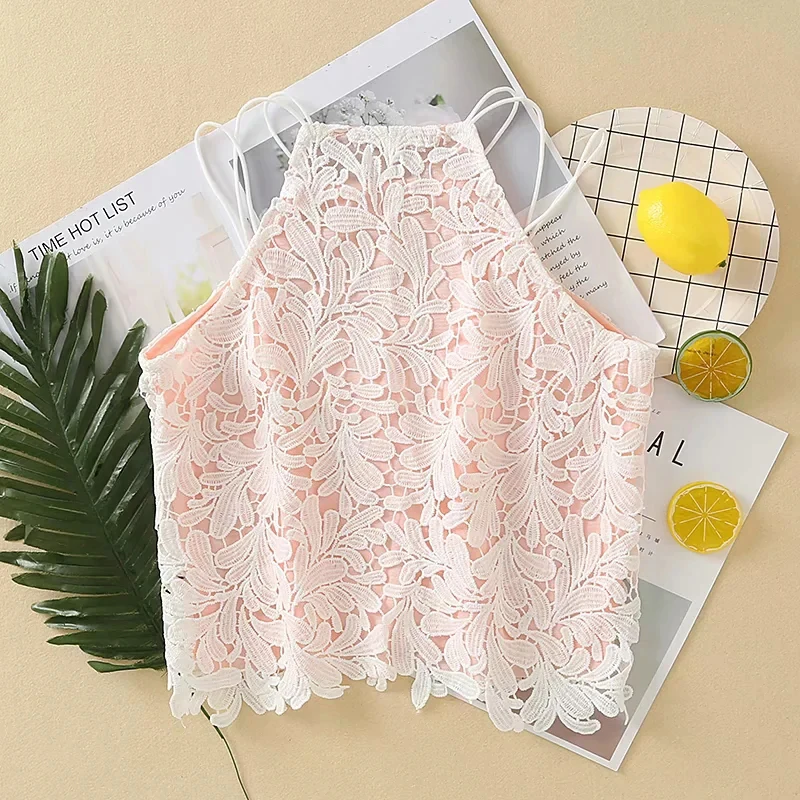 

2020 summer sexy girl halter solid lace short tops femal fashion ruffles floral lace sleeveless sling shirts women party blouse
