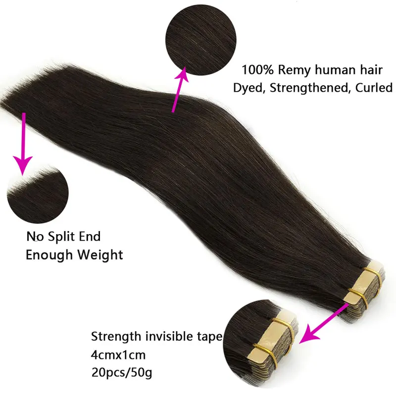 Cinta recta en extensiones de cabello humano recto Invisible sin fisuras Remy Natural adhesivo extensión rubia marrón negro 20 pcs
