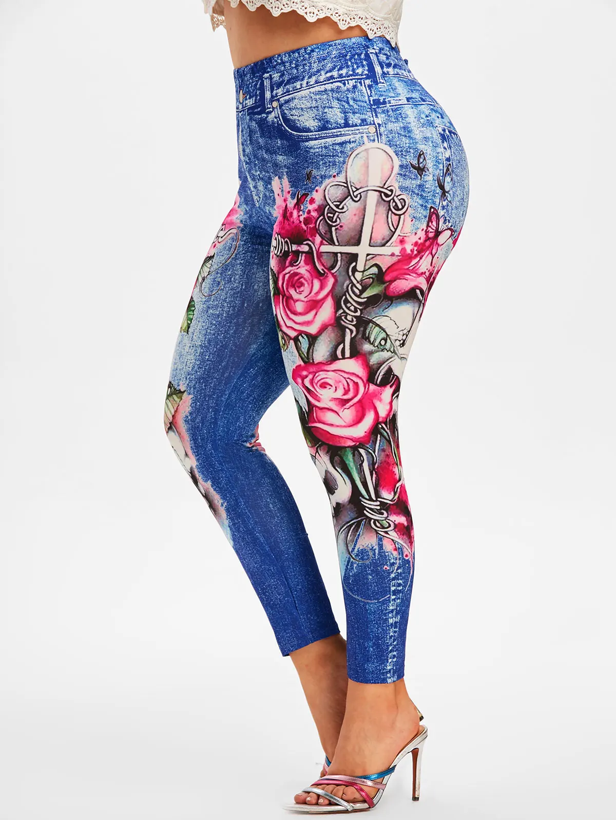 

Plus Size Skull Flower 3D Print High Rise Jeggings Jeans Pants Women's Fashion Jeans Pencil Pants