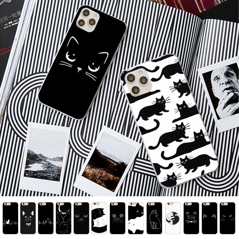 

White Black cat art Phone Case for iPhone 13 11 12 pro XS MAX 8 7 6 6S Plus X 5S SE 2020 XR case