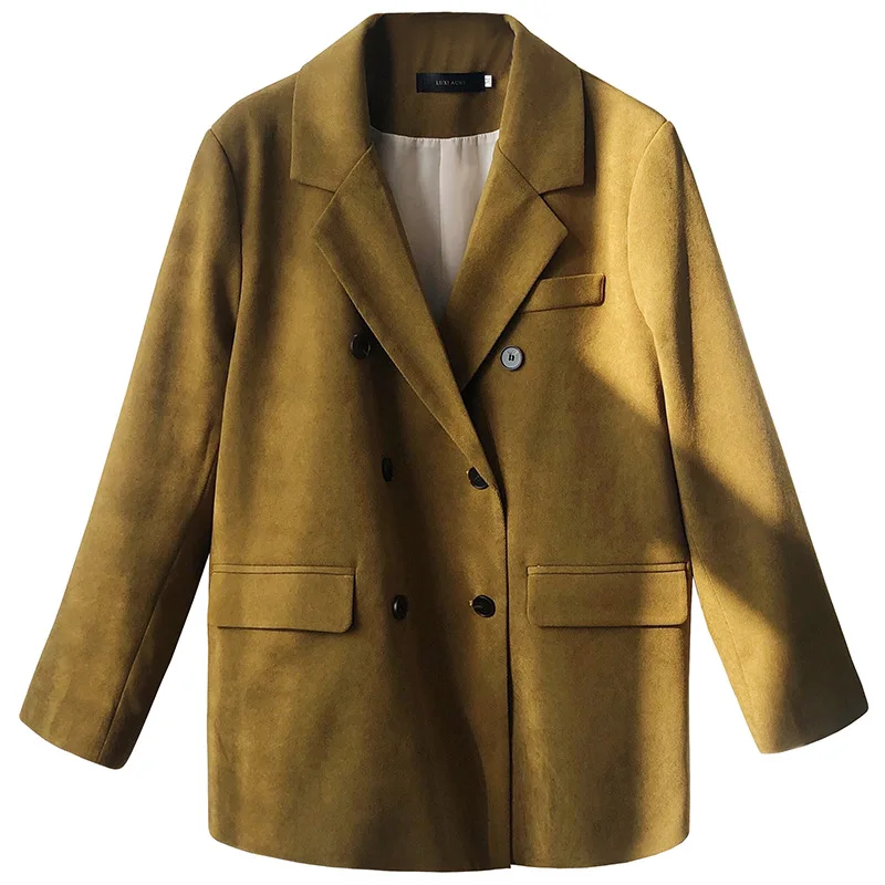 

Vintage Olive Green Long Sleeve Blazer Women Fashion Spring Autumn Solid Lady Jacket Outerwear Double Breasted Women Blazers