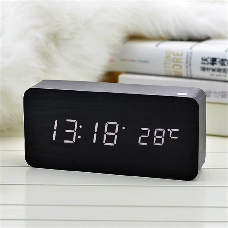 

USB/AAA Power Wood Table Clock Digital LED Electronic Alarm Clock Desktop Snooze Voice Control Desk Watch Bedside Decor Student