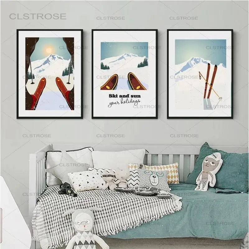 

Winter Sports Skiing Canvas Painting Vintage Travel Poster Ski In Snow Mountain Art Poster Print Winter Home Decor Canvas Print