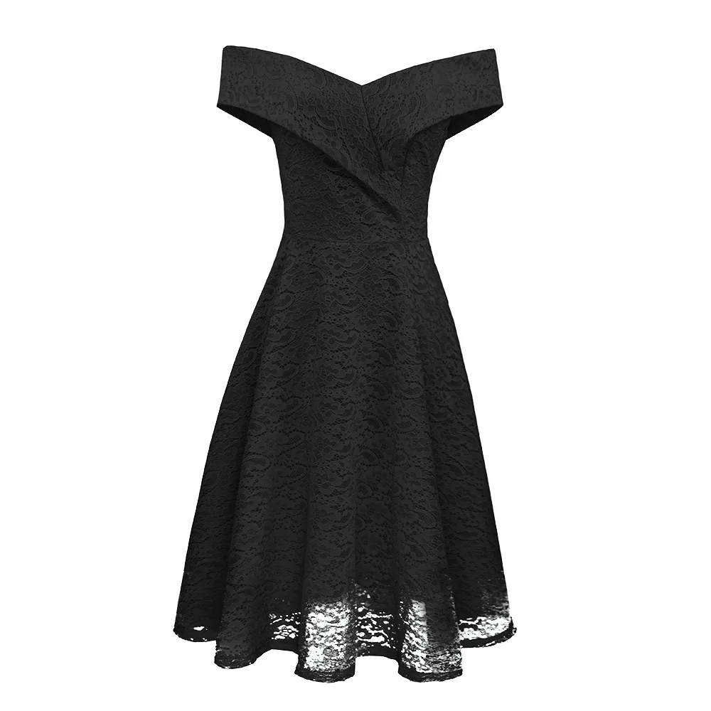 

Summer Lace Dress Women Slash Neck Off The Shoulder Hook Flower Hollow Out Knee-length Pleated Evening Dress Vestidos Elegantes