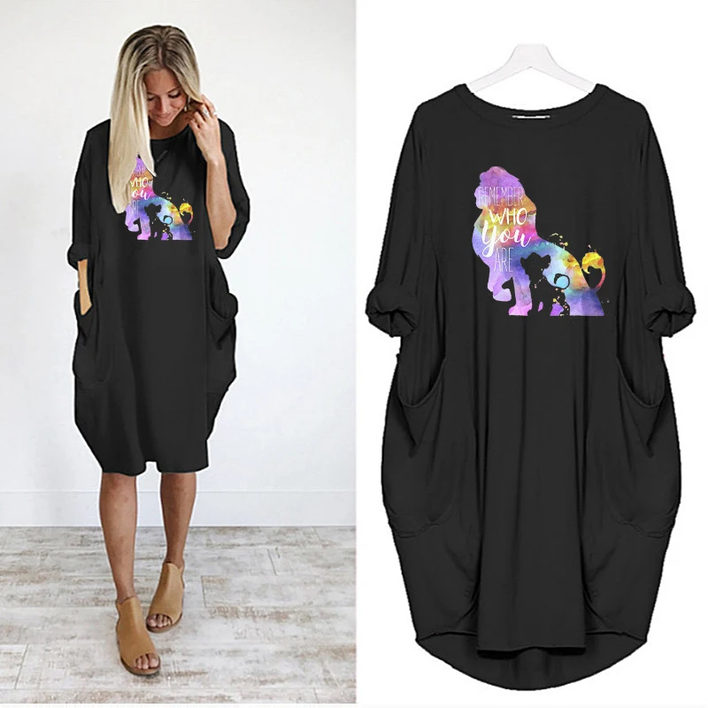 

The Lion King Midi Dresses for Women Casual Robes Simba Cartoon Print Long Sleeve Dress Autumn Loose Beach Streetwear