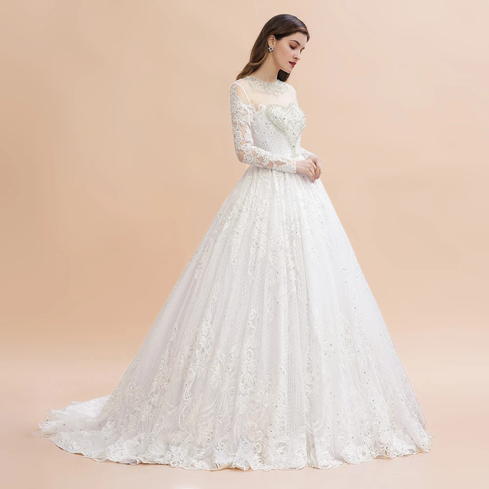 Real Photo Arabic Ivory Wedding Dress Luxury Crystal Beading Lace Ball Gown Applique Long Sleeve Zip Design Wedding Gowns