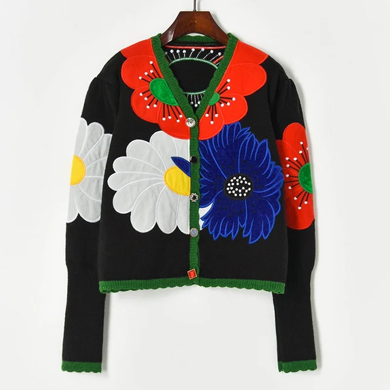 

Single Breasted Vintage Female Cardigan Spring Autumn 2021 New Puff Sleeve Velvet Big Floral Print Knitted Sweater Women Tops