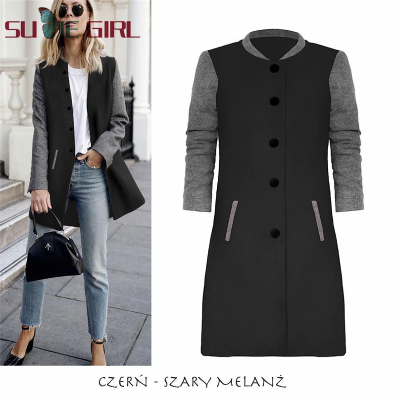 

SUDIE Girl Fashion and graceful style long sleeves contrast stitching woolen coat long coat top women's clothing
