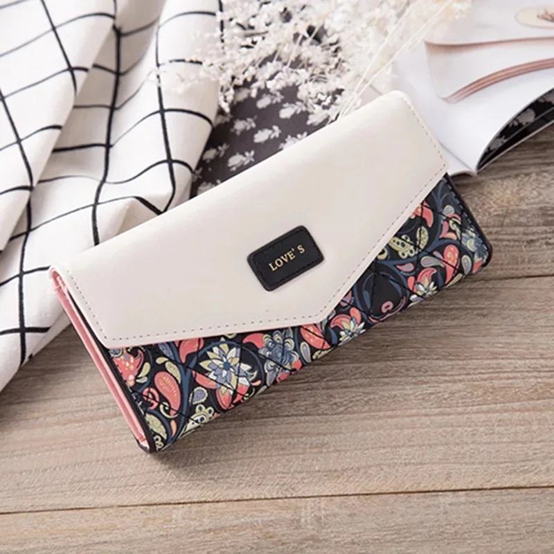 Women Envelope Floral Long Wallet Hit Color Tri-fold Flowers Printing Female  Pu Leather Hasp Coin Purses Lady Clutch Phone Bag