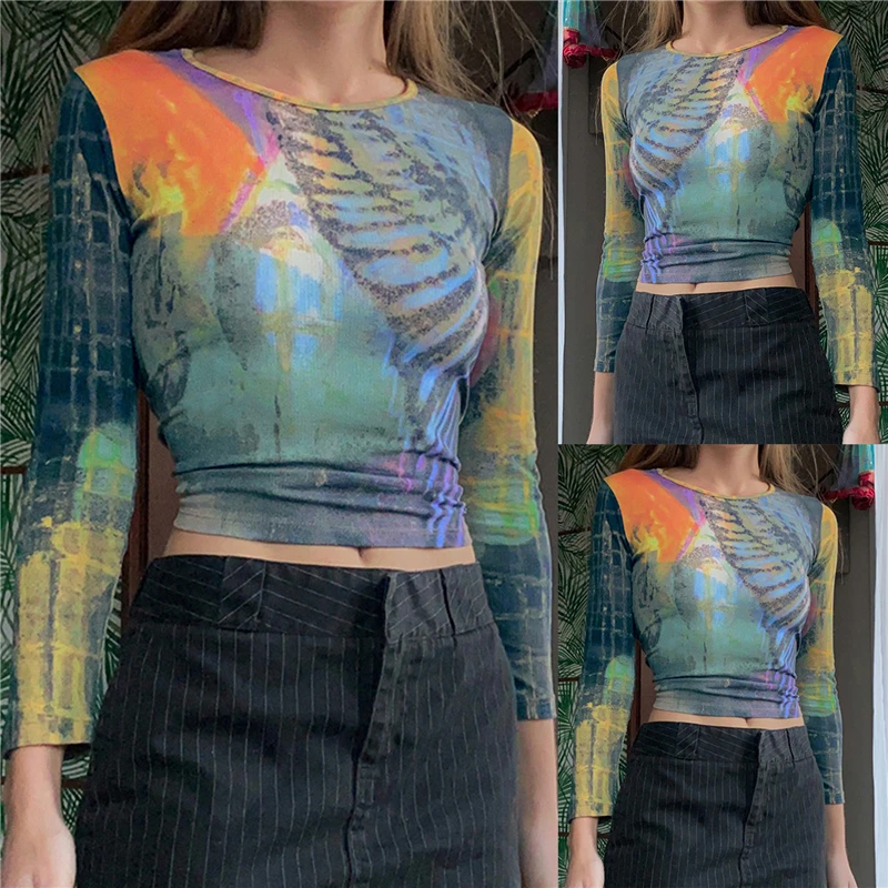 

Женская футболка с длинным рукавом, круглым вырезом и принтом