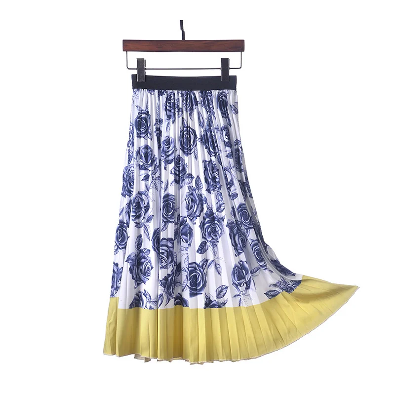 

Spring and Autumn New Temperament Elastic Large Skirt High Waist Medium Length Skirt Printed Atmosphere Light Skirt
