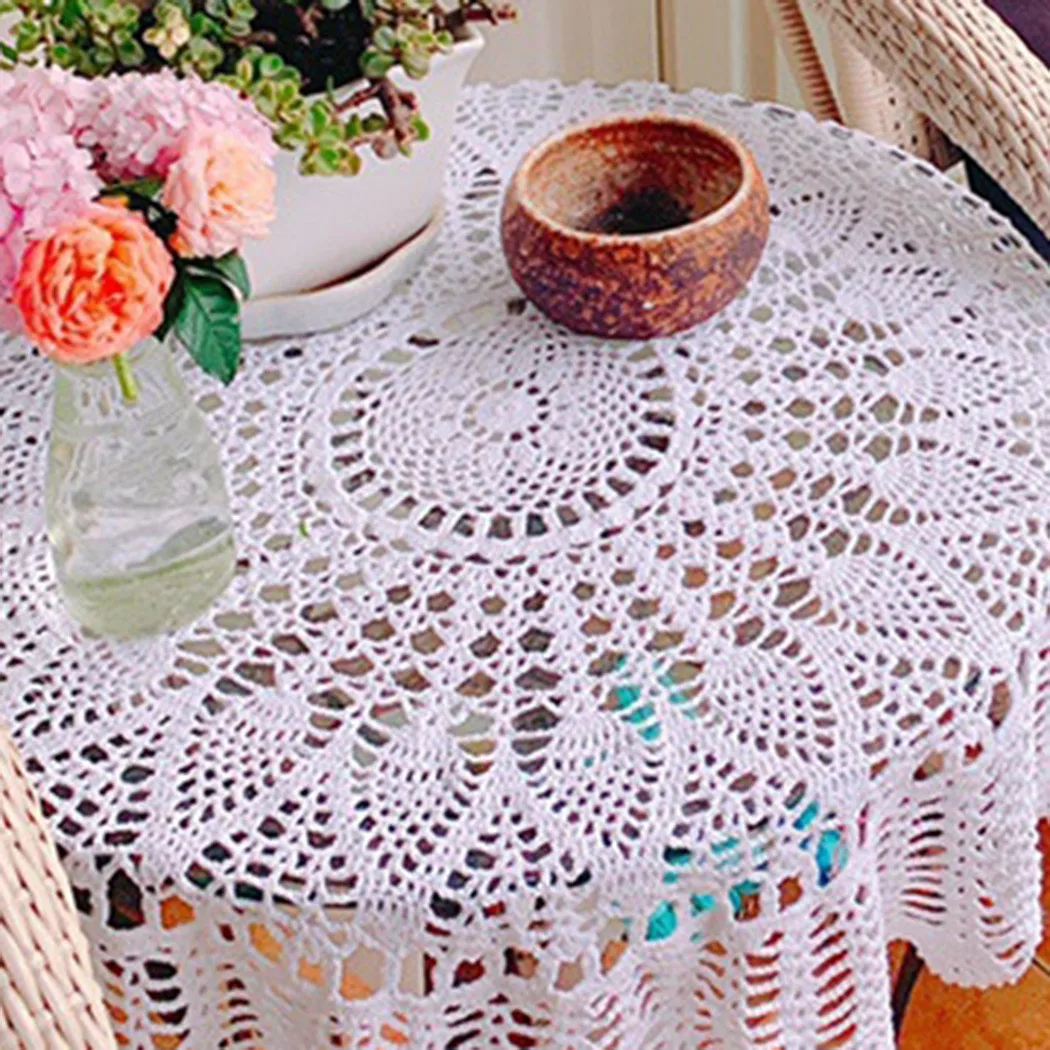 

Round Tablecloth Table Cover Tablecloth Vintage White Crochet Embossed