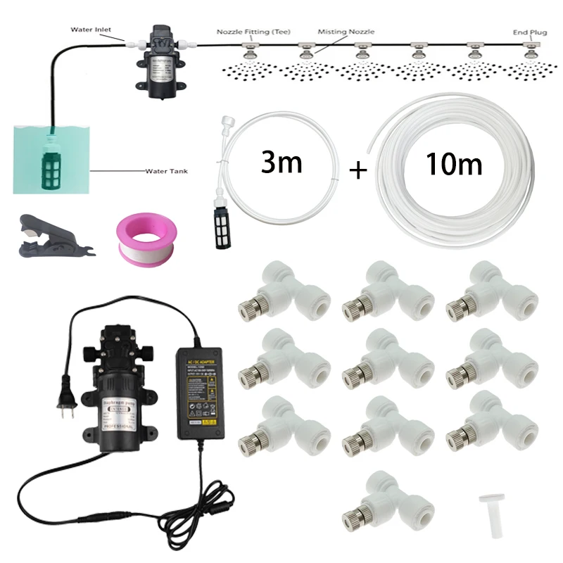 DIY 10M Misting Kits Including 10pcs Mist Nozzles 25pcs Nozzle Fittings Tee For Misting Cooling System Greenhouse Humidify