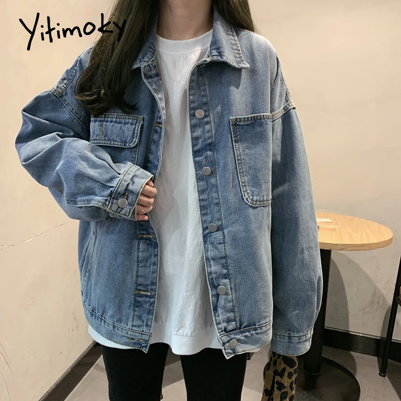 

Yitimoky Jacket Jeans Women Korean Style Denim Oversized Fall 2021 Coats Designer Fashion Big Breast Plus Size Pockets Cotton