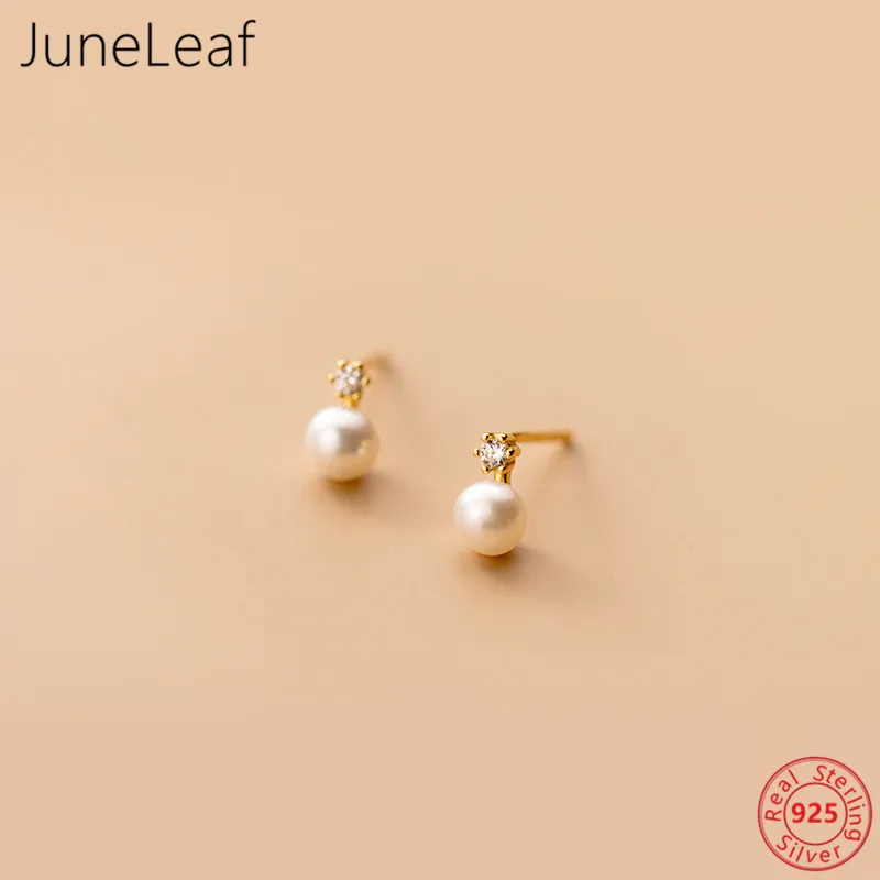 

JuneLeaf Charm Genuine 925 Sterling Silver Mini Small Geometric Zircon Pearl Stud Earrings For Women Chic Korean Jewelry