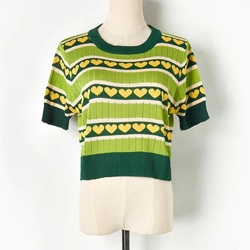 Женский вязаный кроп-топ с коротким рукавом зеленый свитер принтом сердца Модный