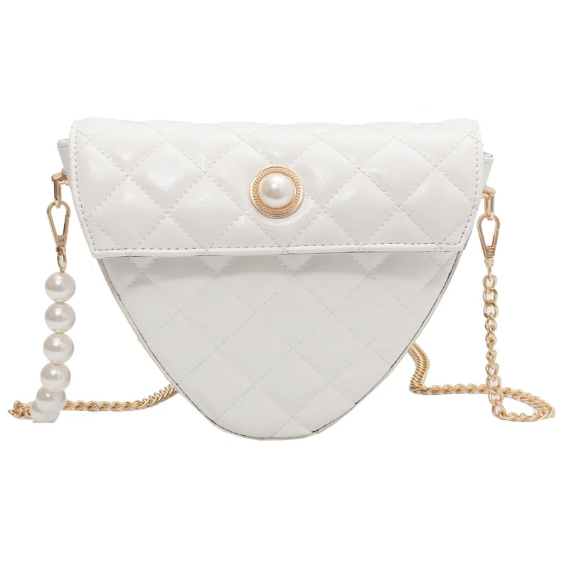 

Beaded Pearl Chain Small Triangle PU Leather Handbags for Women 2021 Simple Shoulder Crossbody Bags Luxury Purses