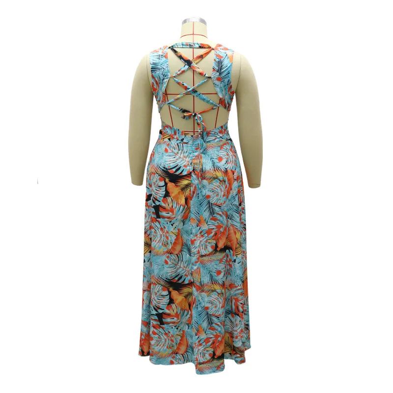 

Echoine Women Long Maxi Dress Floral Printed V-neck Sleeveless Elegant Dresses Backless Lace Up Bandage Vintage Vestidos Robe