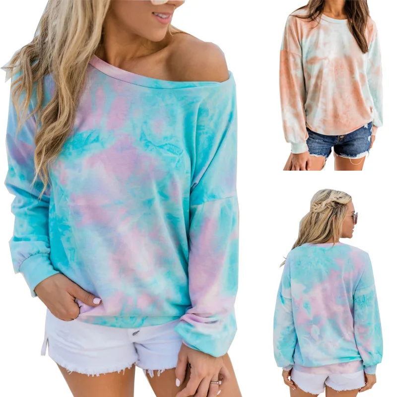 

Autumn Tie Dye T-shirts Women Hoodies Without Hat O-neck Long Sleeve Loose Casual Plus Size Blouse Pullovers Streetwear Tops