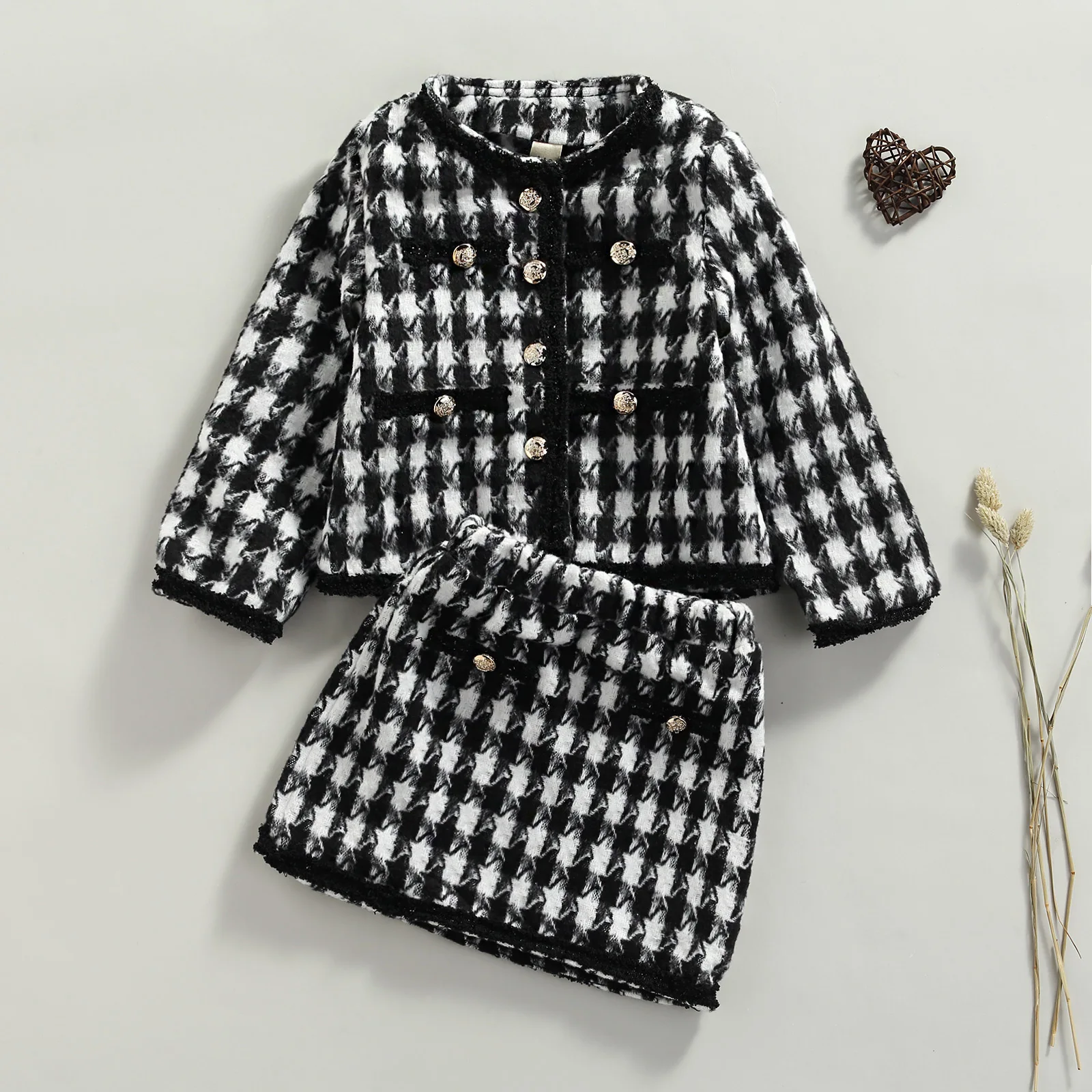 

2-10Y Kids Girls Autumn Winter Clothes Sets 2pcs Plaid Printed Princess Long Sleeve Jacket+A-Line Skirts