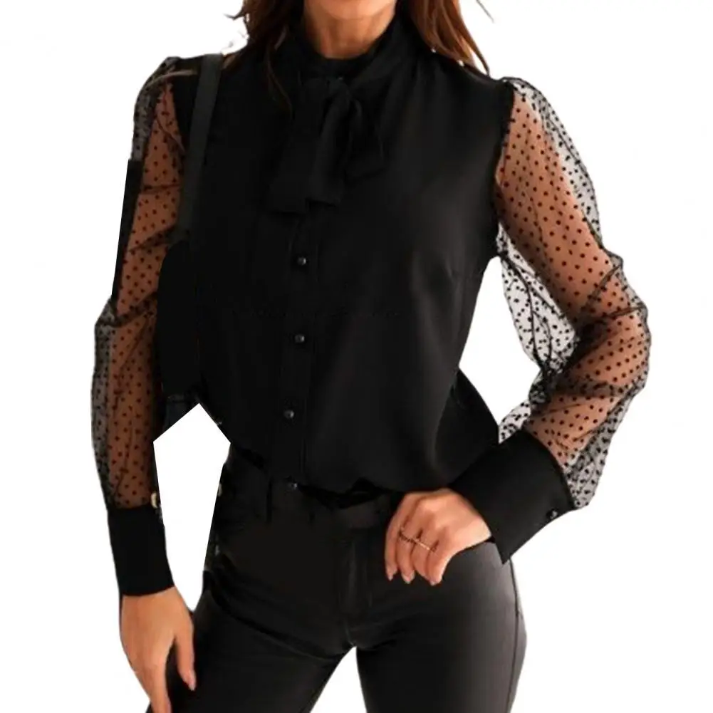 Women See Through Retro Dot Print Mesh Long Sleeve Buttons Bowknot Female Shirt  Woman Blouse And Top