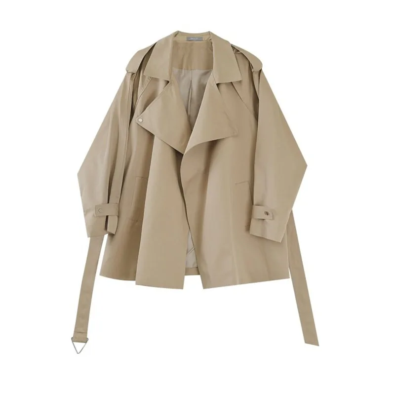

2021 Autumn New Women Khaki Short Trench Coat Plus Sashes High Quality Loose Casual Lapel Long Sleeve Female Windbreaker Outwear