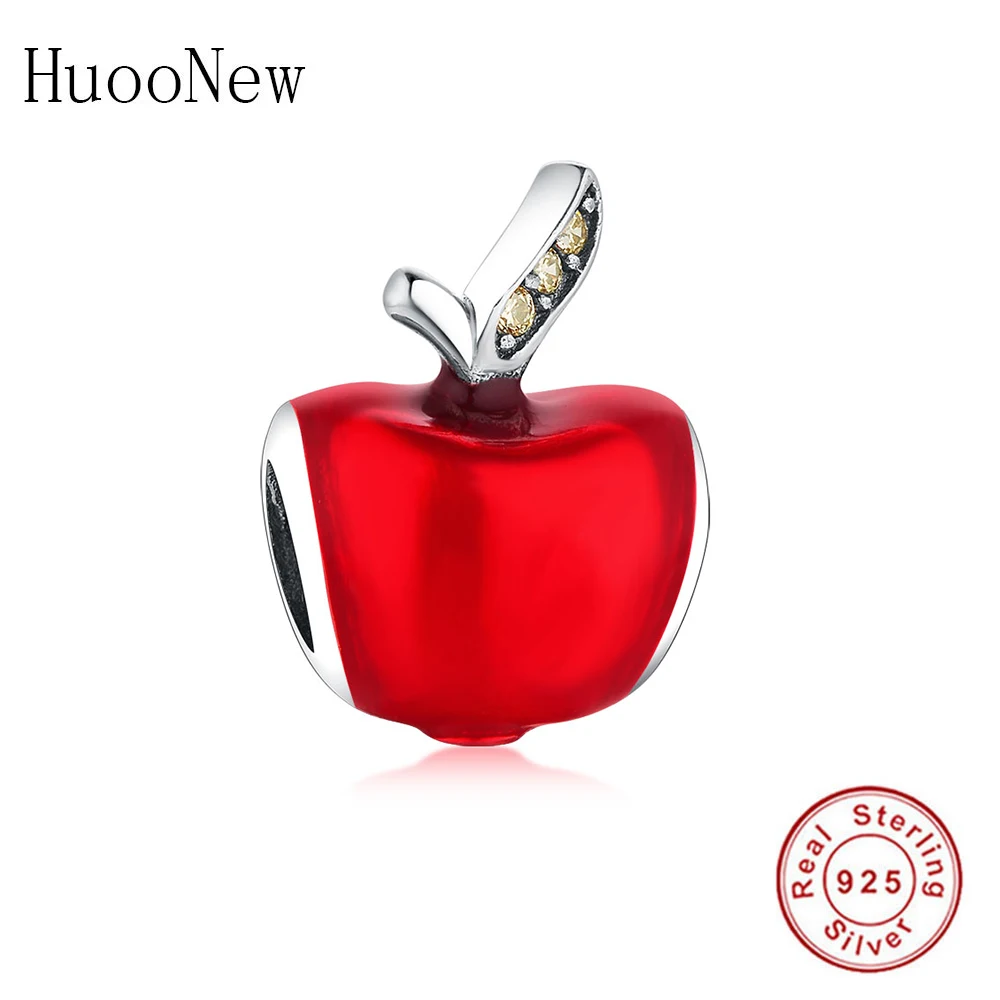 Бусина Яблоко из серебра 925 пробы с желтым кристаллом в виде листьев красная