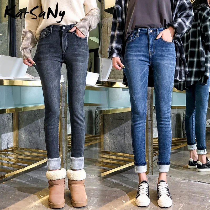 Зимние теплые джинсы женские винтажные осенне-зимние бархатные черные флисовые