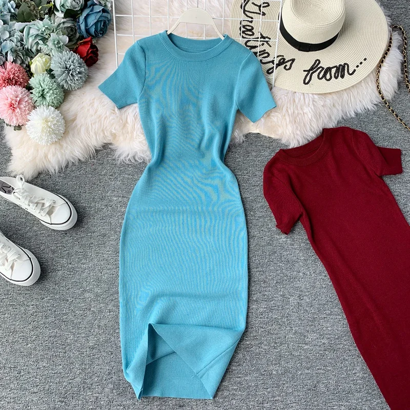 

2021 Sexy Dress Women Solid Bodycon Short Sleeve Summer Mini Dresses O-neck Knitting Stretch Retro High Waist Vestido