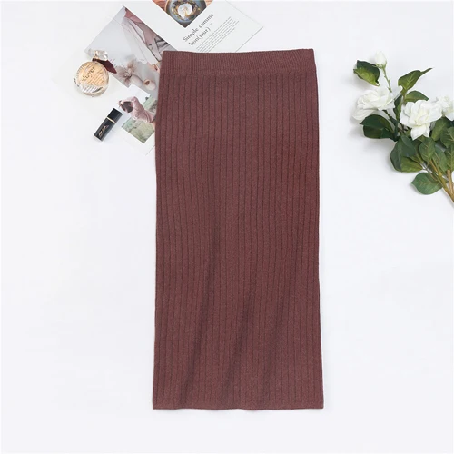 purplish red Женская осенне-зимняя новая вязаная юбка Корейская элегантная Высокая талия пакет бедра миди юбки Женская Повседневная универсальная длинная юбка - Цвет: purplish red