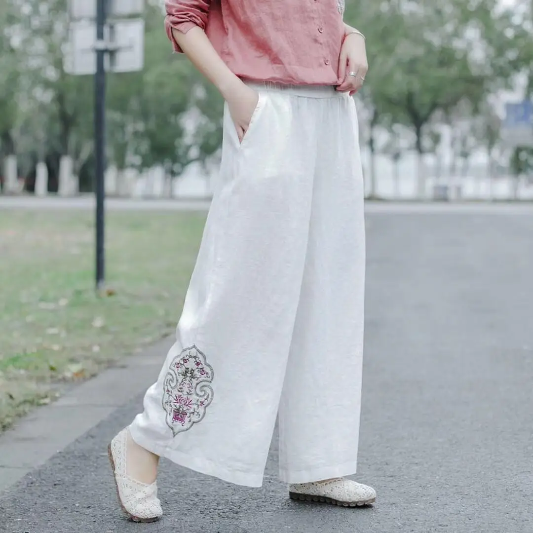 

2020 spring new retro literary linen embroidery loose casual wide leg pants wild solid color thin pants