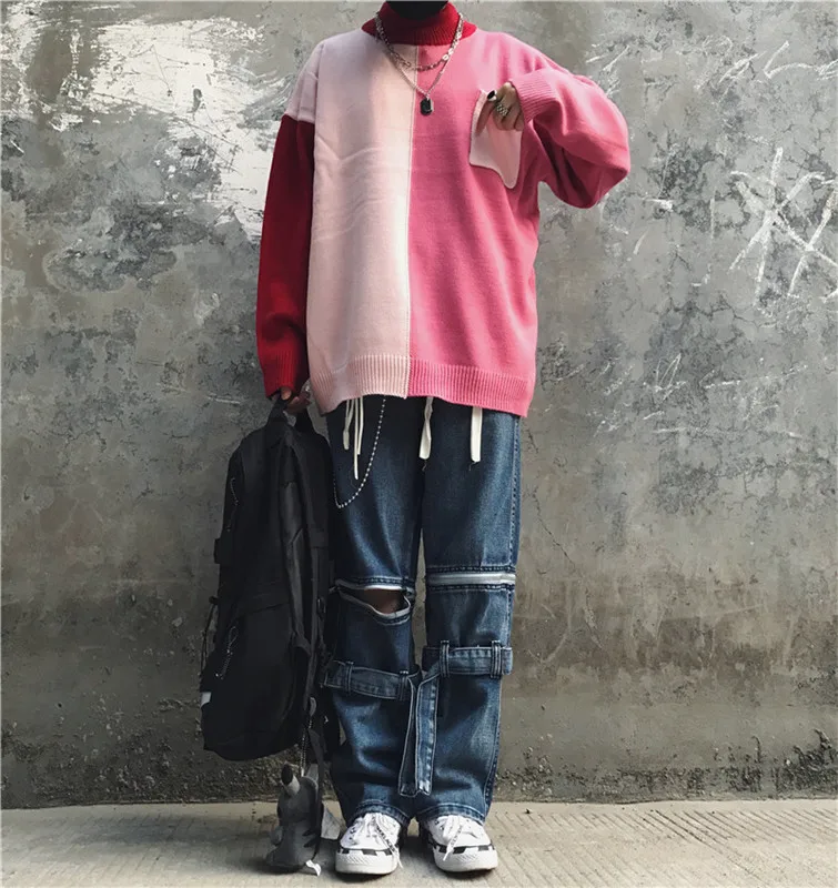 Winter Turtleneck Sweater Men's Warm Fashion Contrast Casual Knit Pullover Men Streetwear Hip Hop Knitting Sweaters Male Clothes