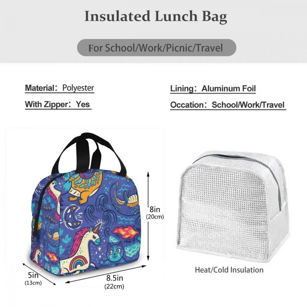 

Fantastic Animals Cartoon Dragon Unicorn Cat Fashion Insulated Thermal Food Picnic Lunch Bag for Women kids Men Cooler Tote Bag