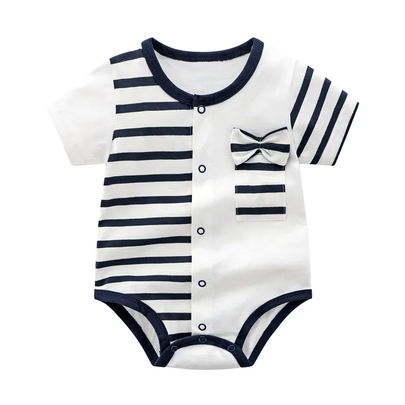 

Baby Boy Girl Rompers New 2021Summer Newborn Infant Short-Sleeved Stripe Splicing Bow Jumpsuit For 0-12 Month
