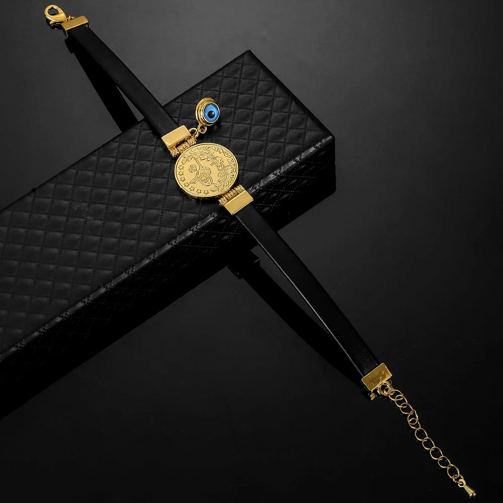 Мусульманский Исламский кожаный браслет золотого цвета синий сглаза деньги