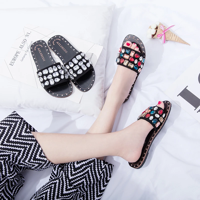 

Large size 41-43 diamond summer slipper gem diamond Korean version wear flat heel sandal student sandal flat
