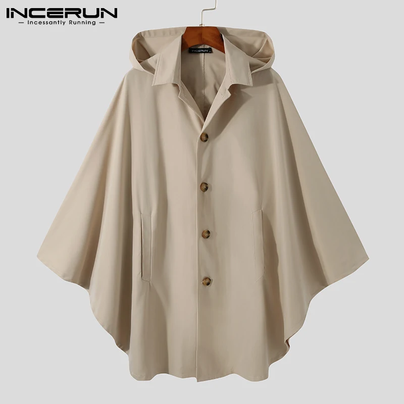 

American Style New Men's Stylish Trench Loose Buttons All-match Simple Male Hooded Short Slotted Cloak S-5XL INCERUN Tops 2021