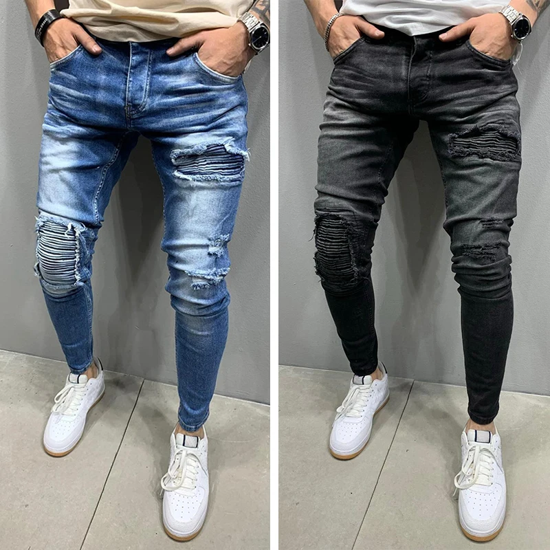 

Jeans Pants Men Solid Retro Skinny Stretch Ripped Denim Trousers Hip Hop Hole Streetwear Pencil Pant Blue Black