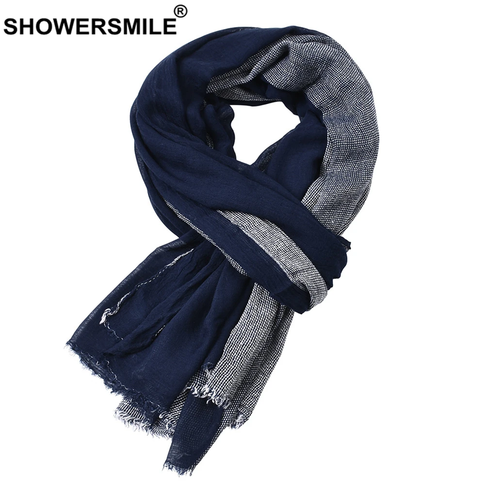 SHOWERSMILE, черный шарф из хлопка и льна, мужской длинный лоскутный шарф для мужчин, зимние мужские шарфы с кисточками, модные мужские аксессуары
