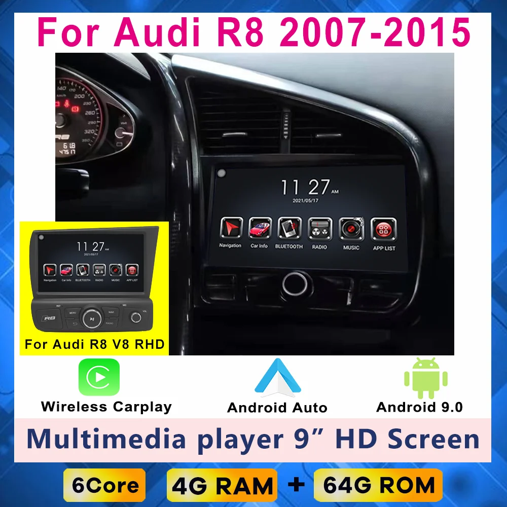 

Android 9.0 Car Multimedia Player GPS Navi Radio For Audi R8 V8 V10 2007- 2015 with Caprlay android auto Video Head Unit