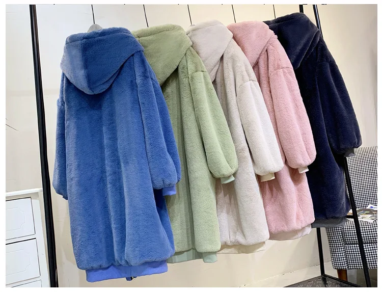 30 Degrees Fur Coat Women Casual Hoodies Furry Thick Warm Long Faux Rabbit Fur Jacket Loose Winter Coat Women OverCoat